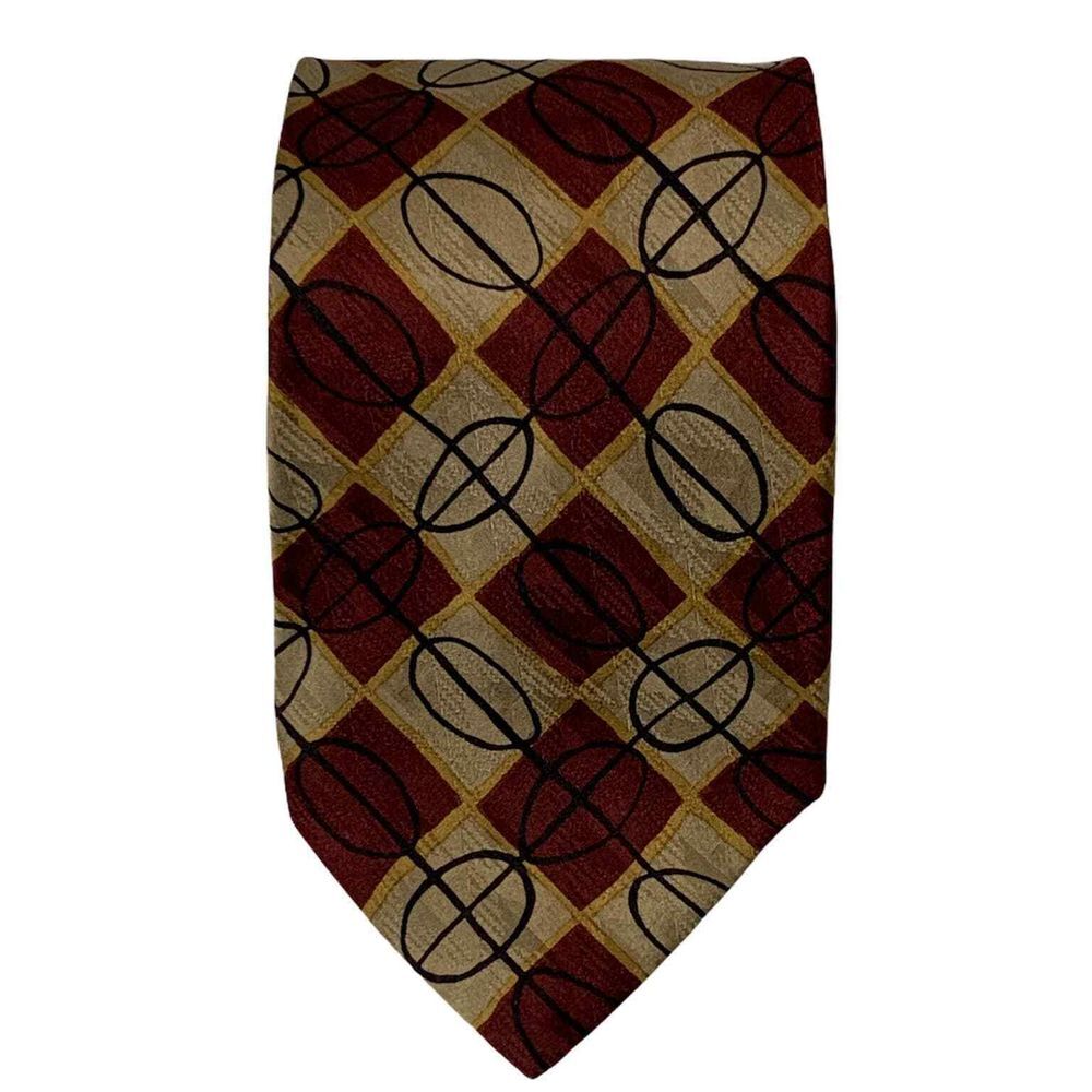 Robert Talbott Silk Tie‎ Burgundy Tan Black Geometric Mens 60L X 3.75W - Picture 1 of 4